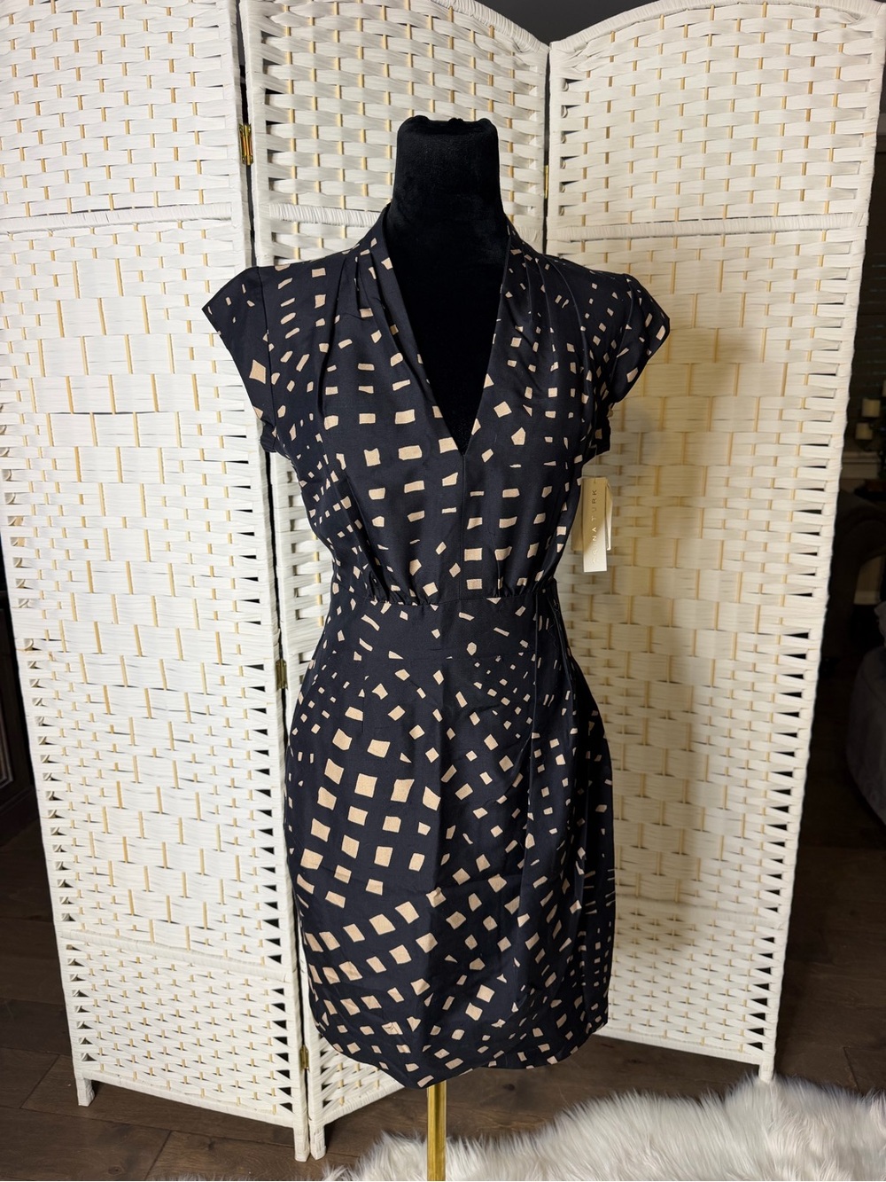 Trina Turk Black Dress with Beige Geometric Print
